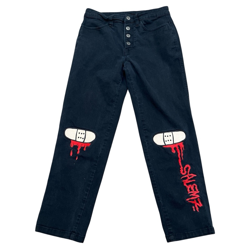 Salem7 Jeans Black Bleeding Knees Sz 28 Punk Horror Skateboard Art